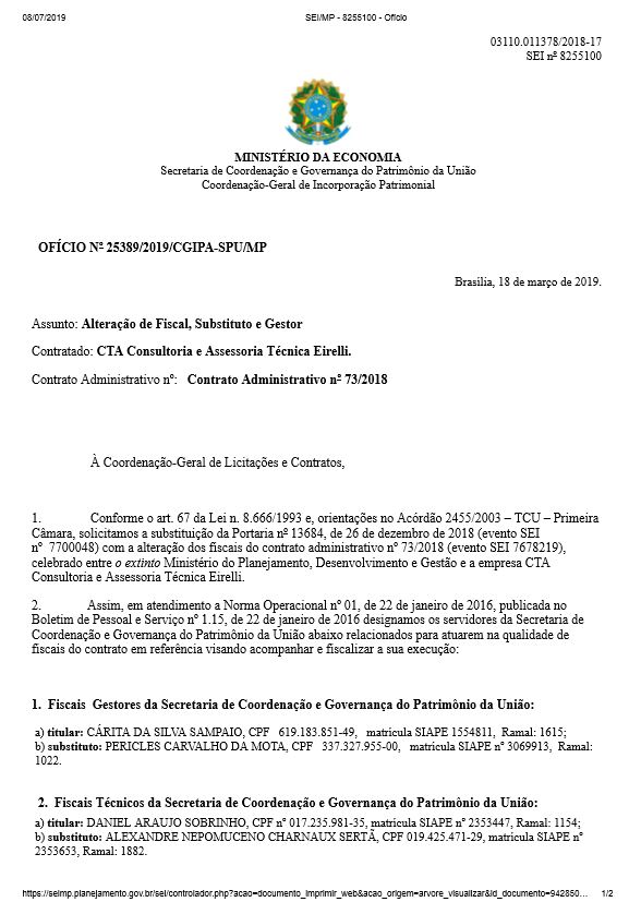 OFÍCIO Nº 25389/2019/CGIPA-SPU/MP 