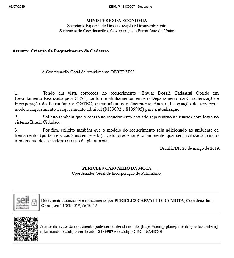 Despacho - Assunto: Criação de Requerimento de Cadastro 