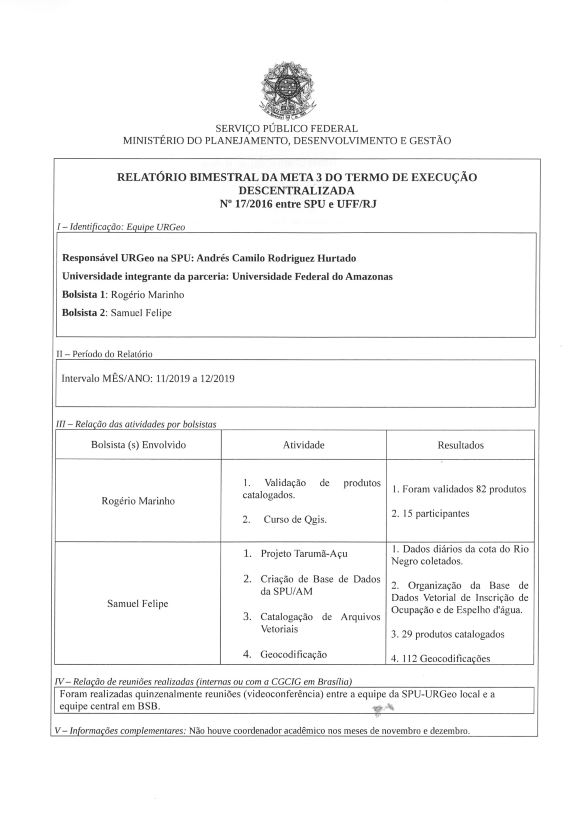 Relatório Bimestral da Meta 03 do Termo de Execução Descentralizada Nº 17/2016 entre SPU e UFF/RJ   