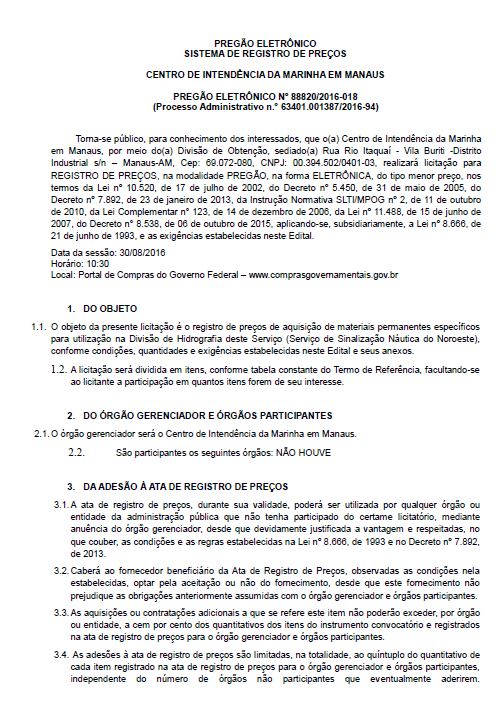 Edital do Pregão Eletrônico (SRP) n° 018/2016 - Marinha do Brasil