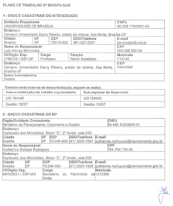 Plano de Trabalho 001 SPU/UnB
