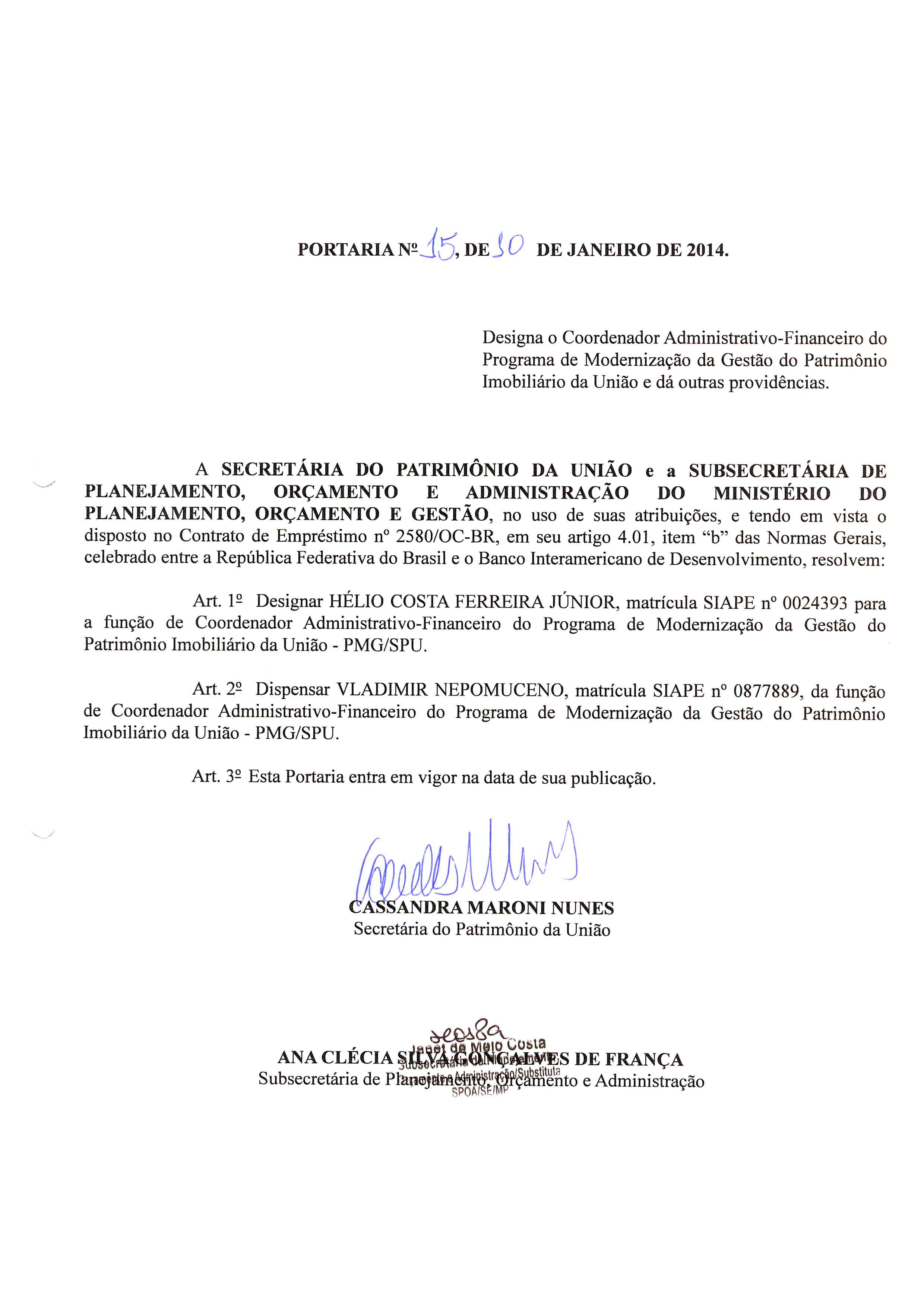 Portaria nº 15 SPU, de 10 de janeiro de 2014