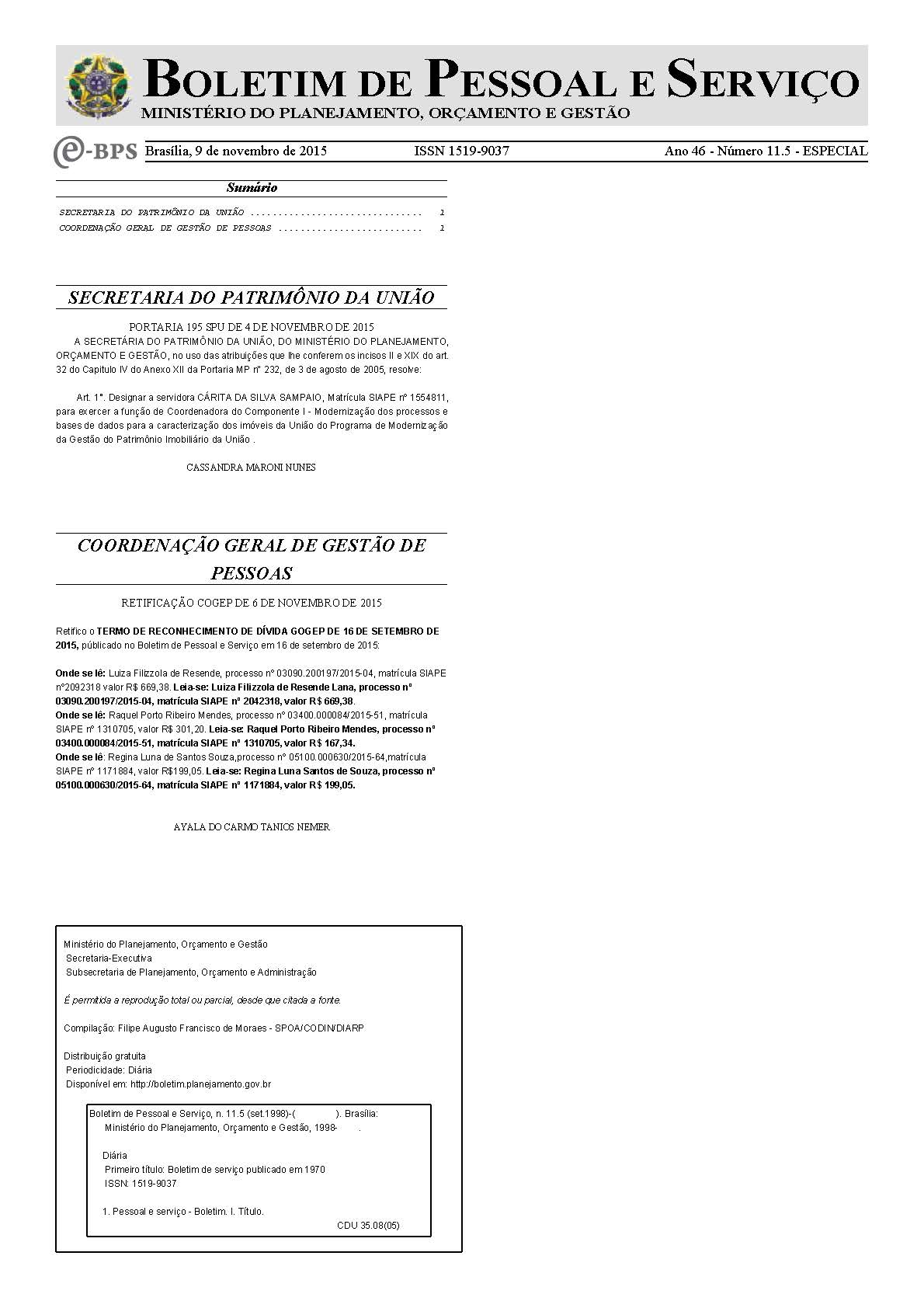 PORTARIA SPU Nº 195, DE 4 DE NOVEMBRO DE 2015