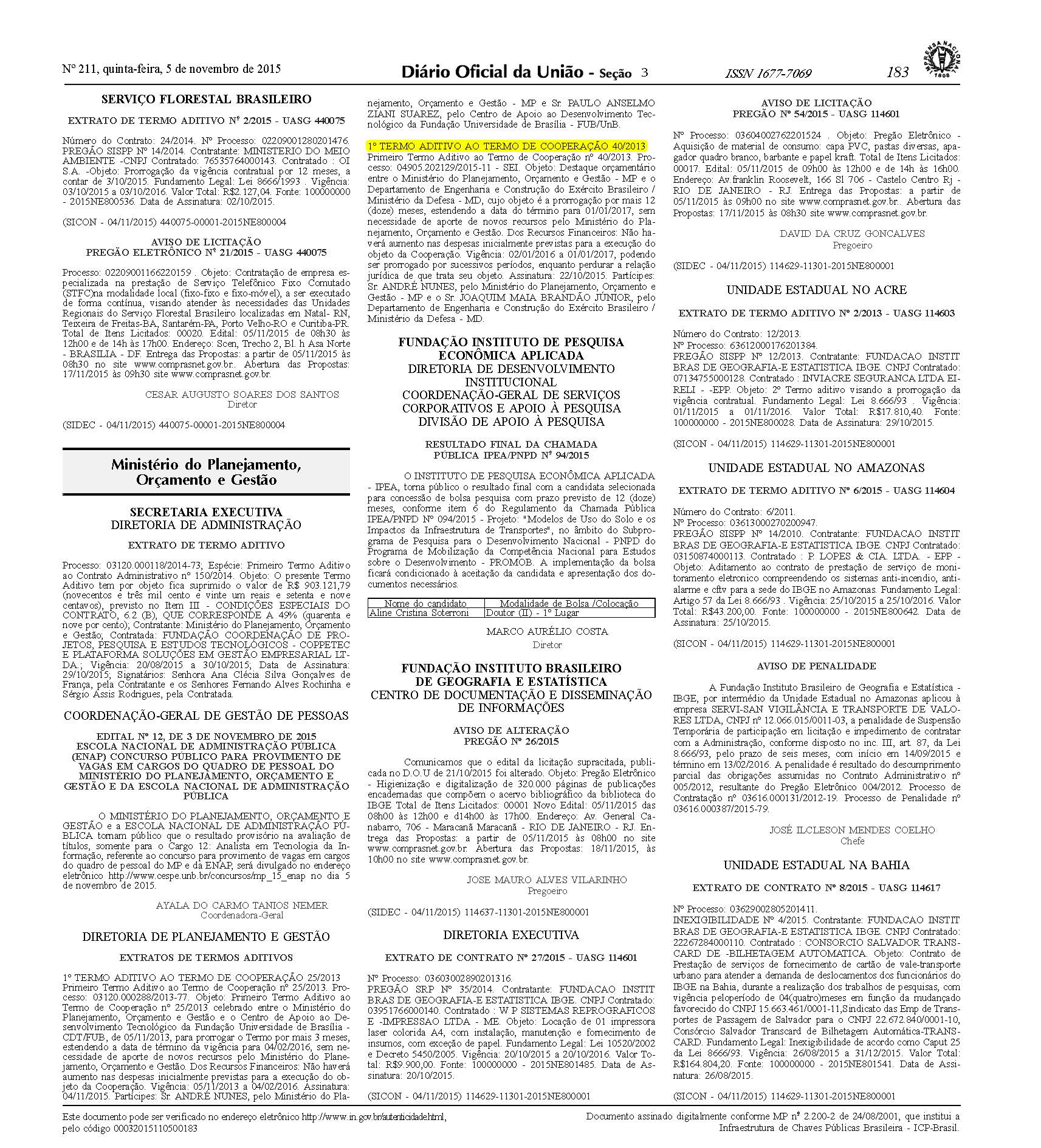 Publicação DOU - Extrato do 1º Termo Aditivo ao TC nº 40