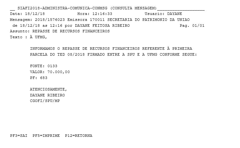 SIAFI2018 -  REPASSE DE RECURSOS FINANCEIROS 
