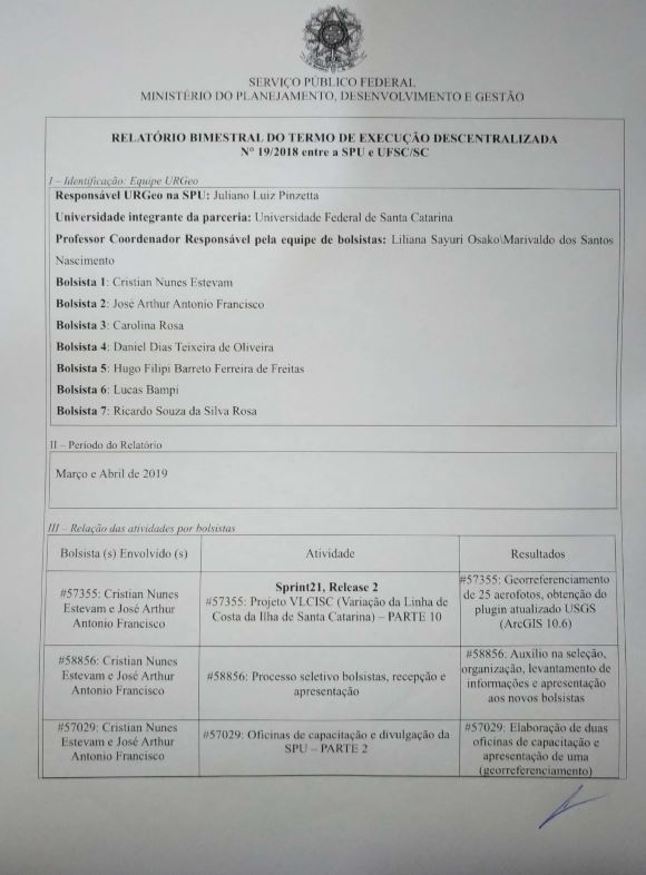 Relatório Bimestral do Termo de Execução Descentralizada Nº19/2018 entre a SPU e UFSC/SC