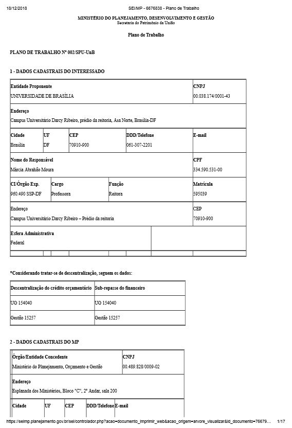 PLANO DE TRABALHO Nº 002/SPU-UnB  