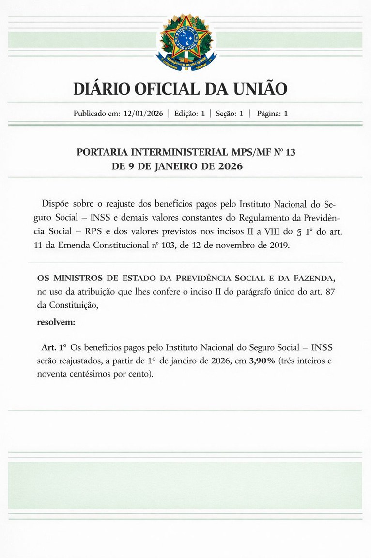 Portaria Interministerial MPS/MF nº 13, de 9 de janeiro de 2026, reajustou salários de contribuição, além de benefícios e demais valores da Previdência, dentre eles o salário-família. Empregadores já podem transmitir folhas de pagamento de janeiro/2026.