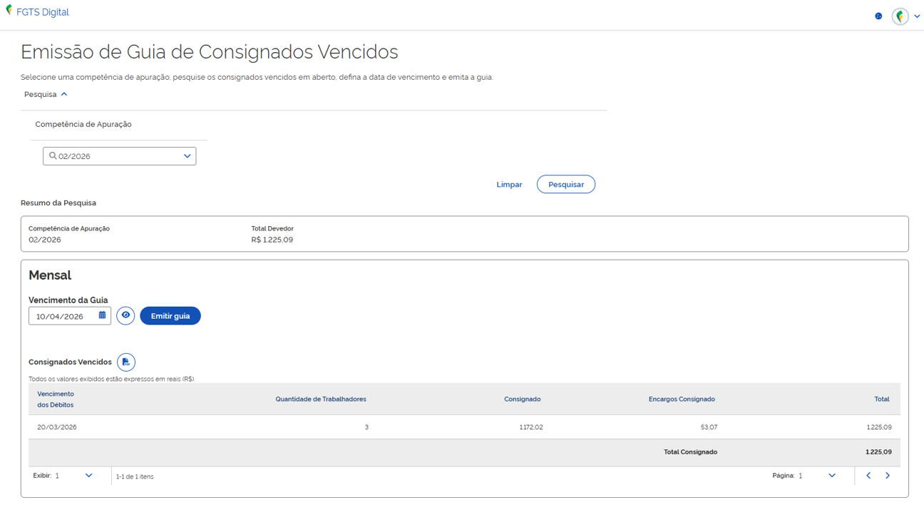 Tela emissão guia consignado vencido