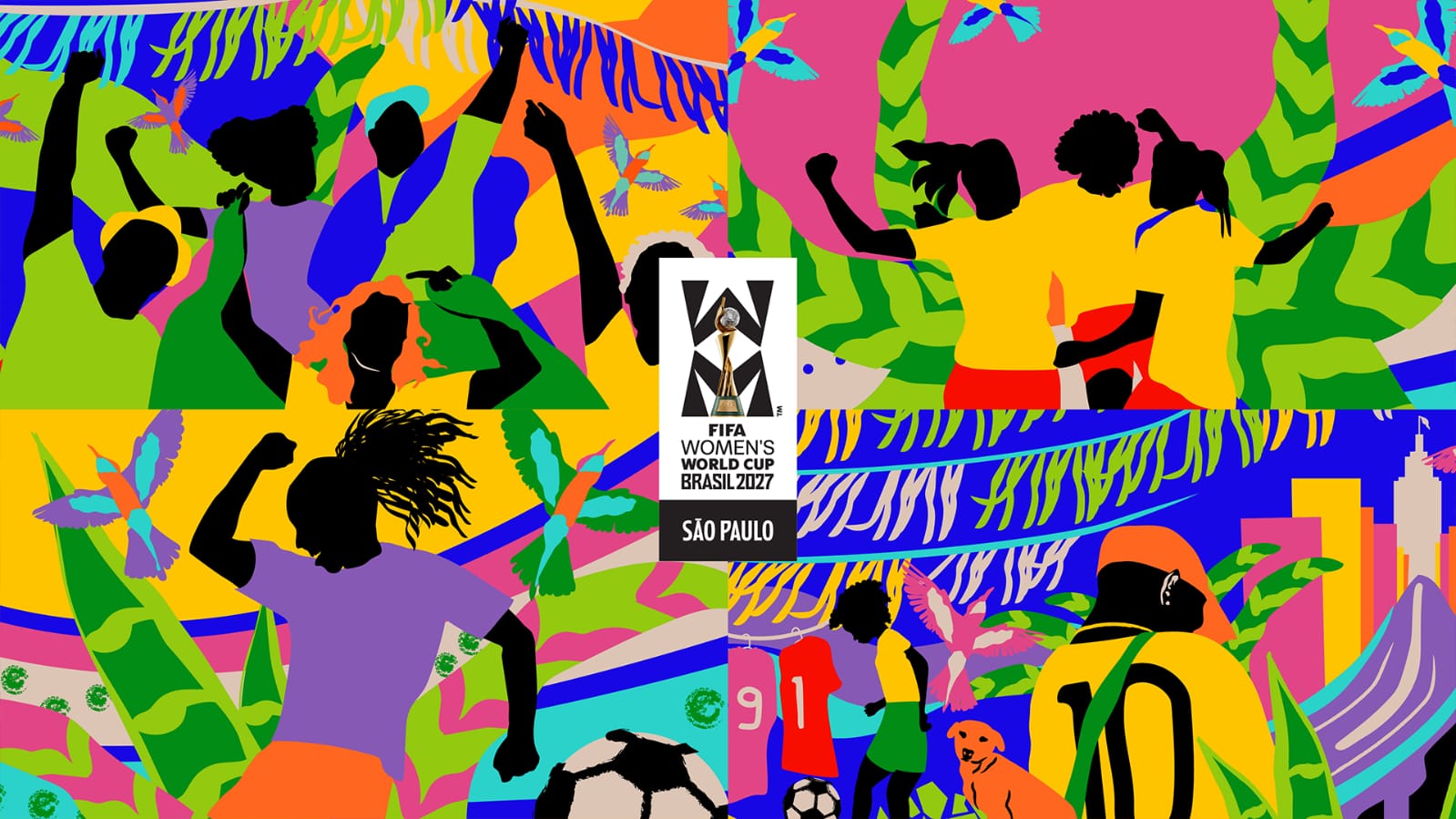 Ilustração com quatro partes. A primeira representa a torcida. A segunda jogadoras de futebol, a terceira a dança e última a Cultura popular das ruas de Salvador. ma a