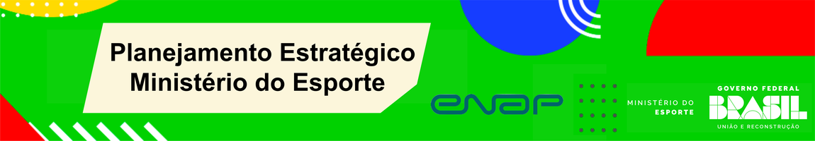 A imagem, com fundo verde vibrante e formas coloridas (amarelo, azul, vermelho, branco), anuncia o "Planejamento Estratégico do Ministério do Esporte" em um retângulo branco central. Acima e abaixo, formas geométricas coloridas e listras brancas decoram a imagem. À direita, as palavras "ENAP" e "MINISTÉRIO DO ESPORTE" em azul, além do logo do "GOVERNO FEDERAL BRASIL" em verde e amarelo, identificam a origem da informação.