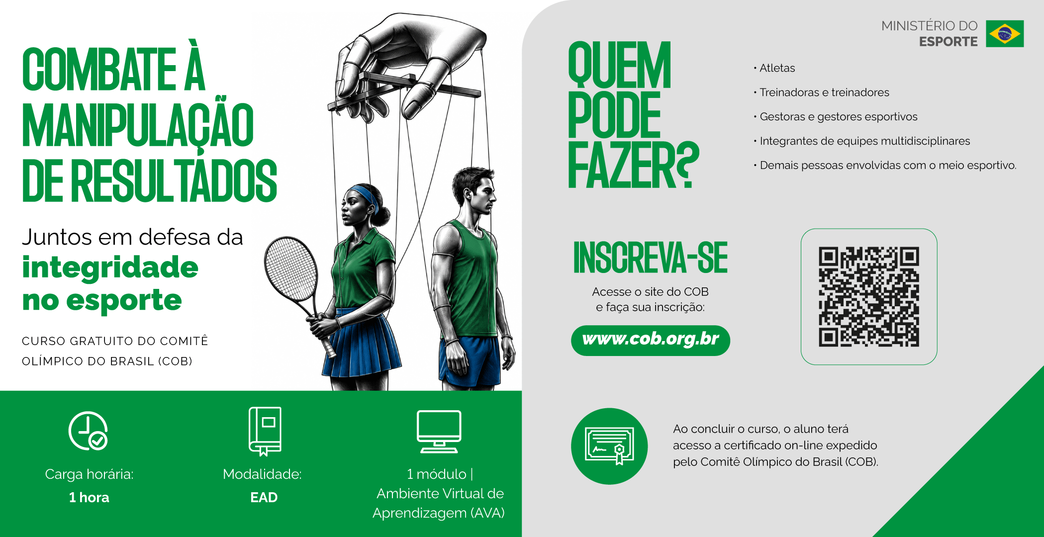 Curso gratuito do COB sobre combate à manipulação de resultados e integridade no esporte.