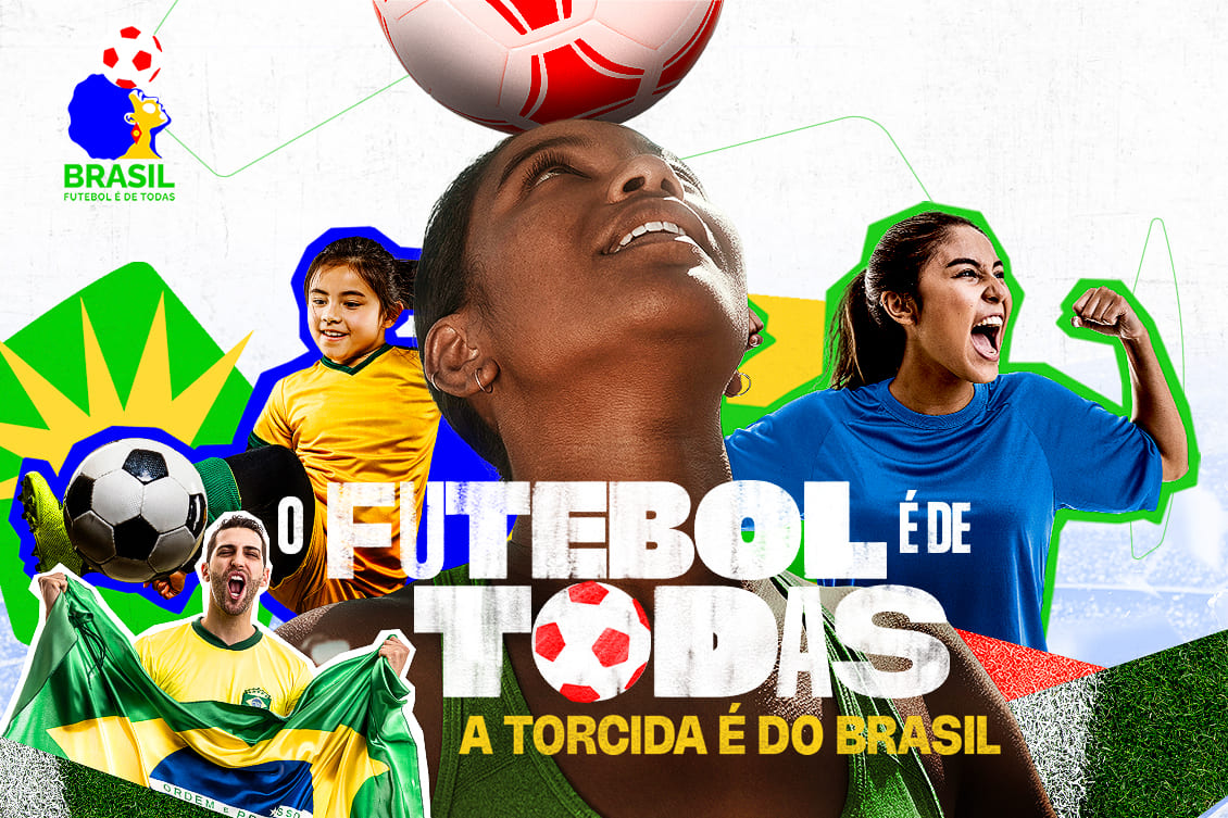 Arte com mulheres, criança e homem celebrando o futebol, com a frase “O futebol é de todas”