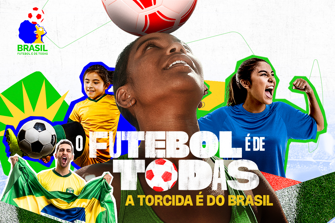Campanha inclusiva do futebol no Brasil com torcedores e jogadoras vibrando com alegria.