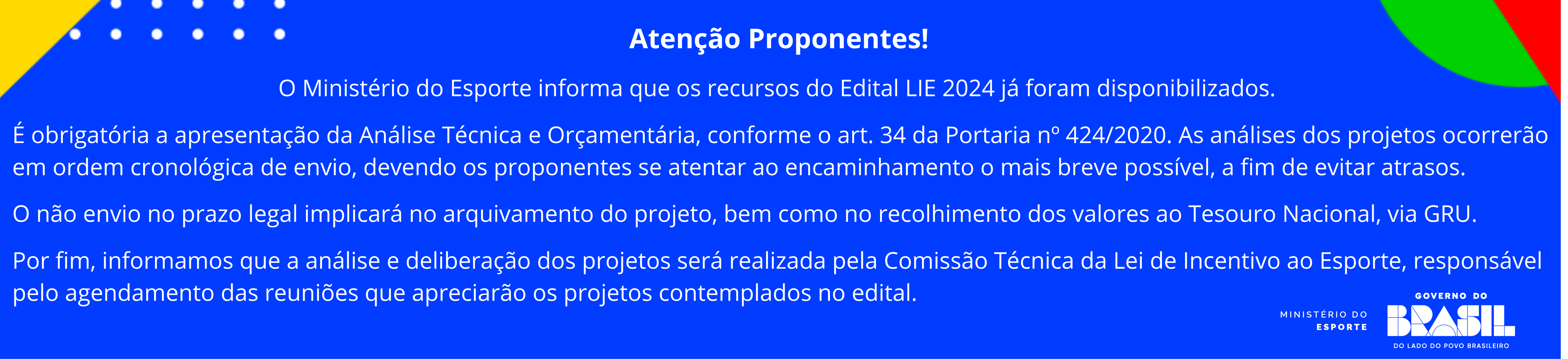 Comunicado do Ministério do Esporte sobre envio obrigatório de análise técnica do Edital LIE 2024