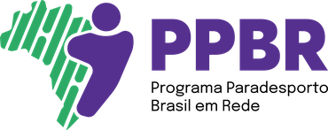 Logo do Programa Paradesporto Brasil em Rede em roxo e símbolo estilizado de uma pessoa em movimento