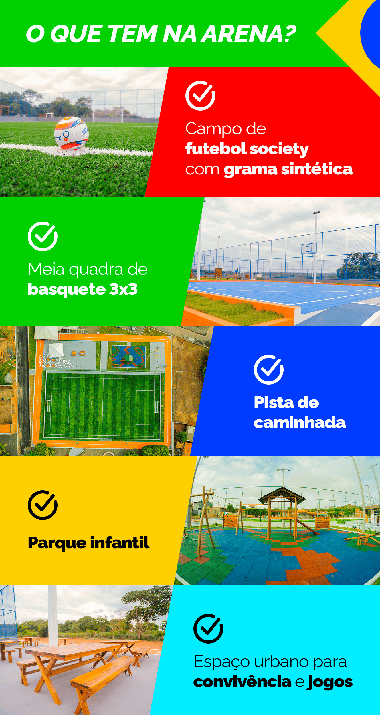 Arena com campo de futebol society, meia quadra de basquete 3x3, pista de caminhada, parque infantil