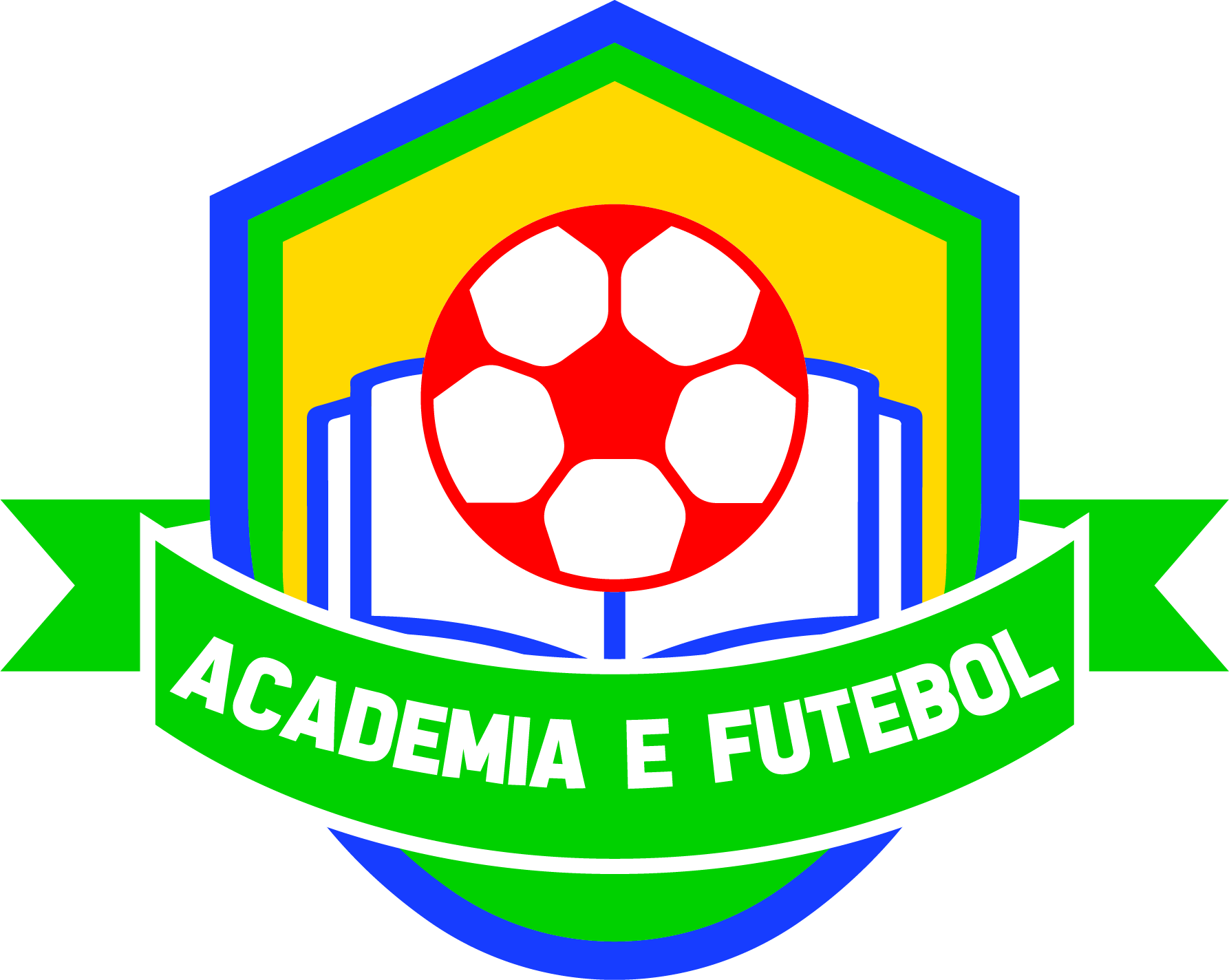 Logotipo da Academia e Futebol com livro aberto e bola de futebol estilizada