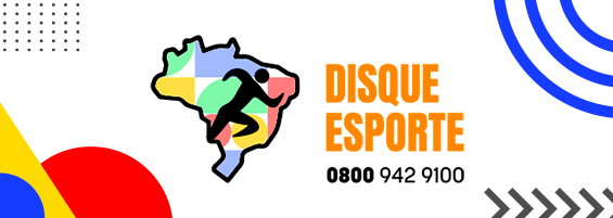 O banner do Disque Esporte utiliza as cores do Governo Federal e apresenta o mapa do Brasil ao fundo. No centro, há a imagem de um atleta, simbolizando a inclusão no esporte. Abaixo da imagem, destaca-se o número 0800 942 9100, oferecendo um serviço de apoio e informações sobre esportes no Brasil.