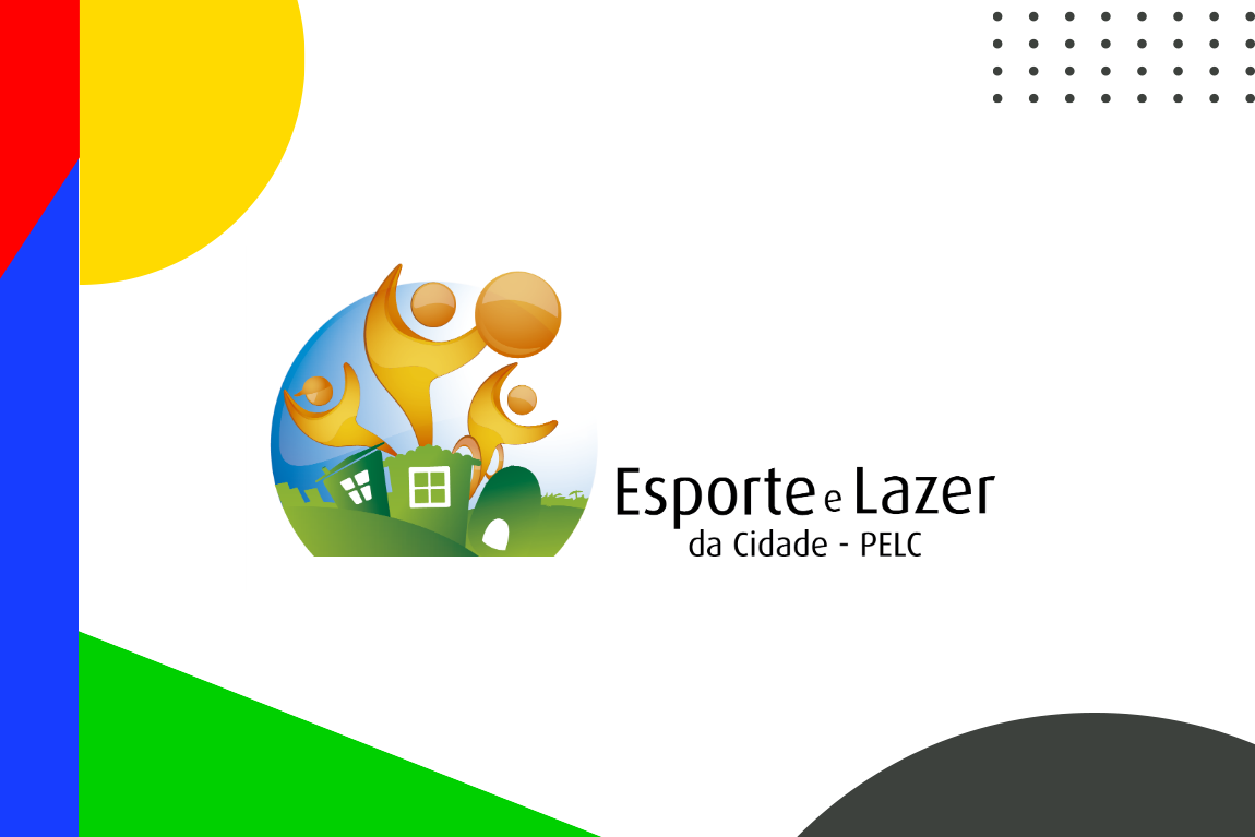 O banner apresenta as cores vibrantes associadas ao programa, com destaque para o nome "Esporte e Lazer da Cidade – PELC", em fonte clara e legível. Abaixo, há um link visível com a palavra "Acesse", direcionando para a página oficial do programa. O fundo do banner é colorido de forma harmônica, com elementos gráficos que reforçam o tema do esporte e do lazer nas comunidades urbanas.