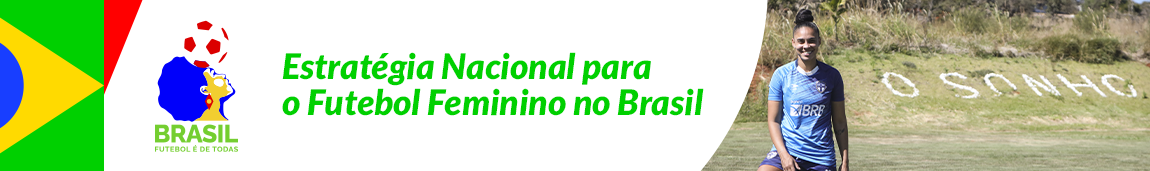 O banner representa a Estratégia Nacional para o Futebol Feminino no Brasil. A imagem mostra uma atleta de futebol feminino da várzea, com uniforme, em ação com a bola. Abaixo da figura, encontra-se a frase 'Brasil, futebol é de todas', destacando a inclusão e a promoção do futebol feminino no país. As cores do banner seguem a identidade visual do Governo Federal.