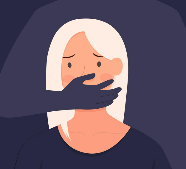 Uma mulher é silenciada, intimada de forma desconfortável, em um cenário de assédio sexual.