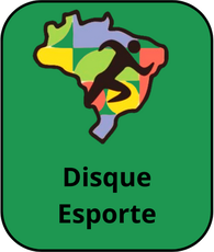 Identidade visual do "Disque Esporte" que consiste em uma ilustração do mapa do Brasil colorido com silhueta de pessoa praticando esporte, sobre fundo verde
