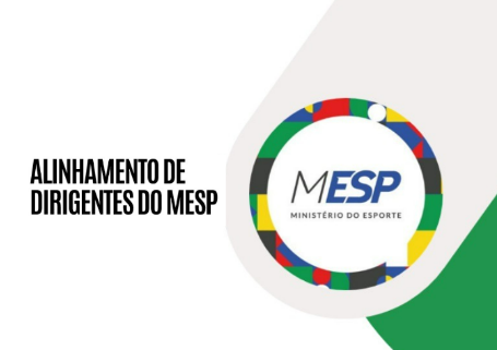 A imagem mostra o logo do Ministério do Esporte (MESP). À esquerda, em preto, está escrito "ALINHAMENTO DE DIRIGENTES DO MESP". À direita, um círculo colorido em vermelho, amarelo, azul, verde e preto envolve um centro branco com as letras pretas "MESP" em cima e "MINISTÉRIO DO ESPORTE" embaixo. O logo representa uma reunião ou comunicação importante para os líderes do Ministério do Esporte.