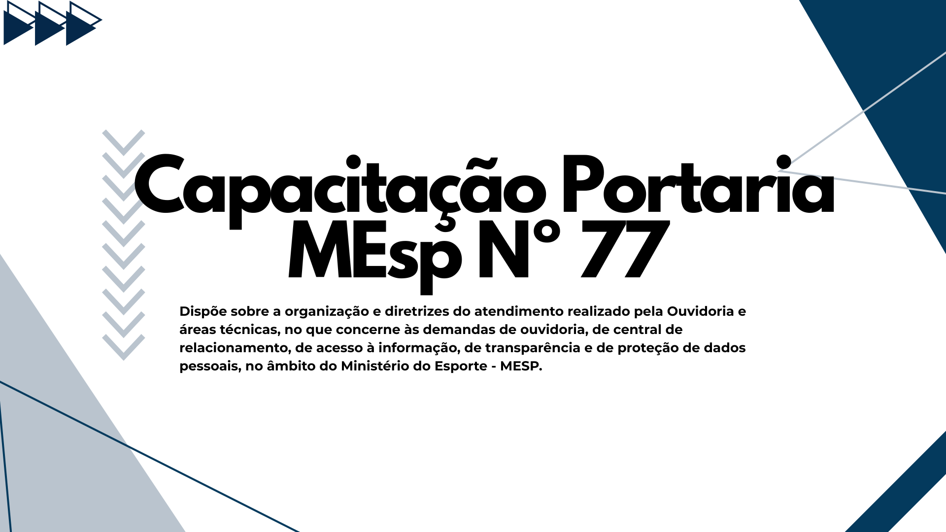 Capacitação Portaria MEsp Nº 77”. Abaixo, em letras menores: “Dispõe sobre a organização e diretrizes do atendimento realizado pela Ouvidoria e áreas técnicas, no que concerne às demandas de ouvidoria, de central de relacionamento, de acesso à informação, de transparência e de proteção de dados pessoais, no âmbito do Ministério do Esporte – MESP.