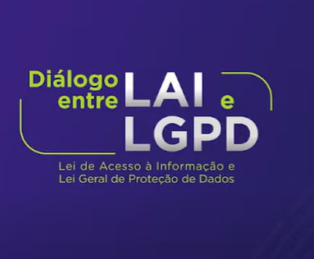 A imagem tem um fundo roxo escuro. No centro, em verde claro e branco, as palavras "Diálogo entre" ligam as siglas brancas "LAI" e "LGPD". Abaixo, em branco e menor, explica que LAI é a "Lei de Acesso à Informação" e LGPD é a "Lei Geral de Proteção de Dados". A imagem mostra a relação entre essas duas leis.