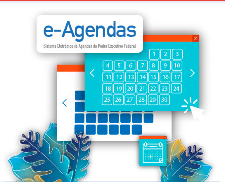 A imagem digital exibe, em primeiro plano, a inscrição destacada "e-Agendas" em azul, acompanhada da descrição menor "Sistema Eletrônico de Agendas do Poder Executivo Federal". Ao lado e em foco, um calendário azul claro simula uma interface digital, exibindo os dias de um mês em quadrados azuis com números brancos. Setas laterais indicam a navegação entre meses, e um cursor de mouse branco aponta para um dia específico. Um ícone menor de calendário repete o tema. Na base da imagem, elementos gráficos de folhas em tons de azul e verde servem como detalhe visual. A composição ilustra um sistema online para agendamento, com ênfase na funcionalidade de calendário digital.