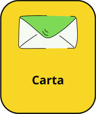 Imagem com fundo amarelo e bordas arredondadas pretas. No centro, há um envelope branco parcialmente aberto, com a aba verde, voltada para cima. Abaixo da ilustração, está escrita a palavra "Carta" em letras pretas