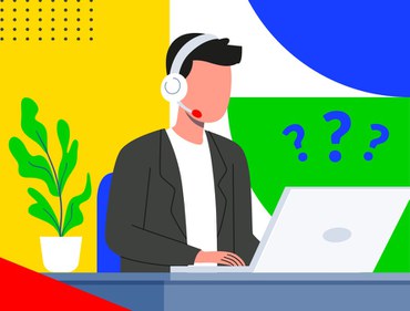 Ilustração de atendente com fone de ouvido em frente a um notebook, com interrogações ao fundo e elementos gráficos coloridos.