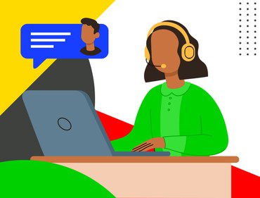 Ilustração de uma atendente com fone de ouvido usando notebook, com balão de conversa e elementos gráficos coloridos ao fundo.