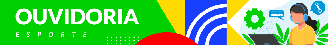 Banner colorido com a palavra "OUVIDORIA" em destaque, seguida de "ESPORTE" abaixo. À direita, há uma ilustração de uma atendente com fone de ouvido e microfone, trabalhando em um notebook, cercada por ícones de engrenagens, fala e ferramentas, representando atendimento e suporte. O fundo tem formas geométricas em verde, azul, amarelo e vermelho, com elementos decorativos modernos.