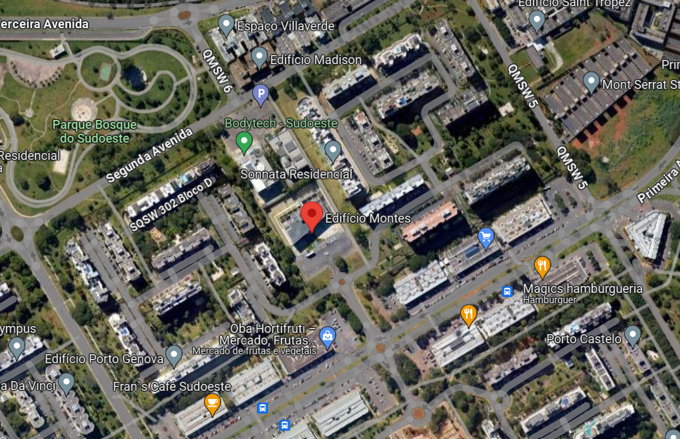 O mapa destaca a localização do Ministério do Esporte no bairro Sudoeste, em Brasília-DF, com o edifício marcado na região. As principais ruas e avenidas ao redor, como a EQSW 301/302, estão visíveis, facilitando a orientação para o acesso ao Ministério.