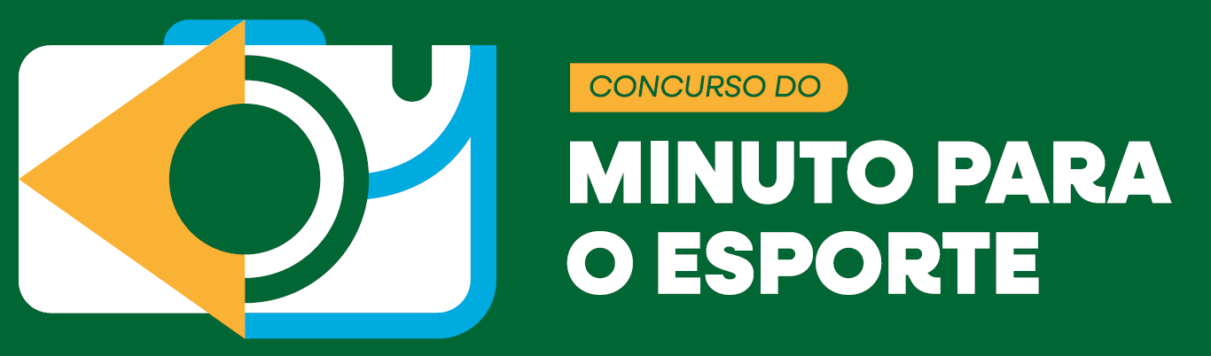 Imagem com fundo verde. Câmera branca com detalhes azul e amarelo à esquerda. À direita, está escrito: CONCURSO DO MINUTO PARA O ESPORTE.