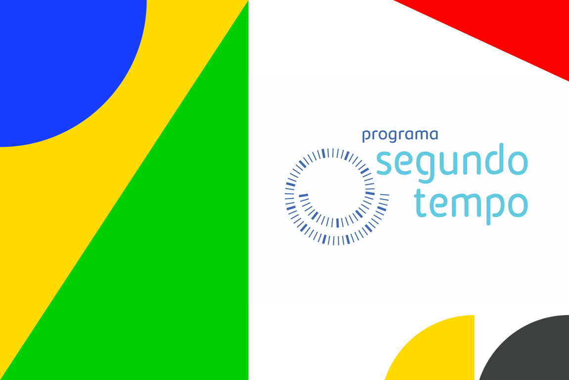 O banner utiliza as cores verde e amarelo, representando a identidade visual do Governo Federal. Ao centro, está o nome do programa "Segundo Tempo", com a palavra "Acesse" abaixo, direcionando para o link oficial. O fundo é dividido entre verde e amarelo, com elementos gráficos relacionados ao esporte e à juventude.