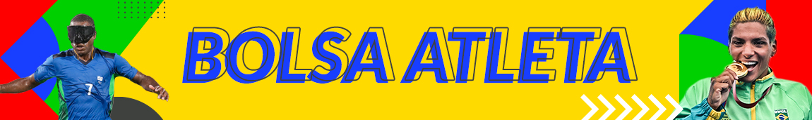 Banner informativo sobre o Bolsa Atleta, destacando a participação de dois atletas olímpicos como exemplos de sucesso, incentivando o apoio e o desenvolvimento de talentos esportivos no país.