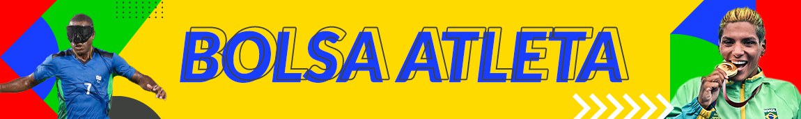 Banner informativo sobre o Bolsa Atleta, destacando a participação de dois atletas olímpicos como exemplos de sucesso, incentivando o apoio e o desenvolvimento de talentos esportivos no país.