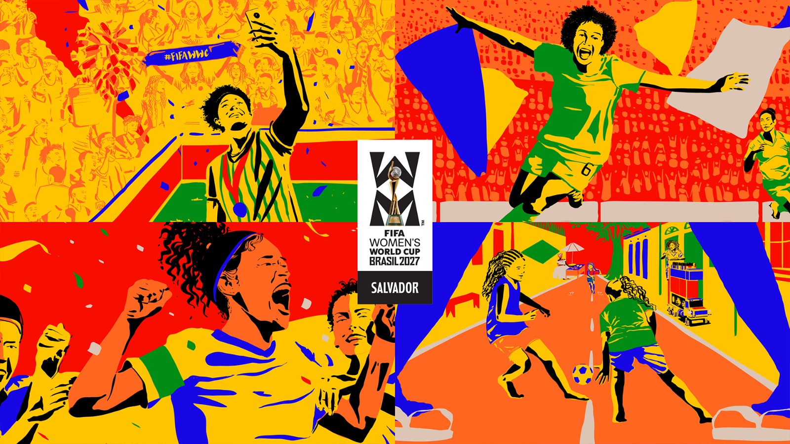 Ilustração em amaelo, azul, laranja, preto e verde com imagens de jogadoras de futebol.