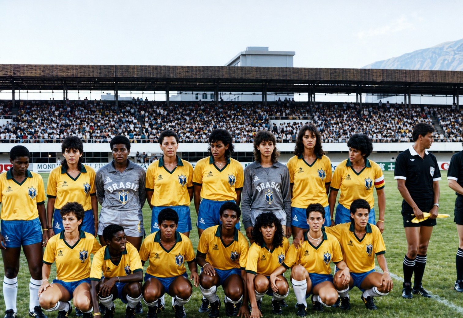 Seleção brasileira de 1988 posada. Em pé: Pelezinha, Suzana, Lica, Flordelis, Suzy, Simone, Elane e Fia. Agachadas: Russa, Roseli, Fanta, Michael Jackson, Marcinha, Sandra e Sissi. Foto: Acervo Museu do Futebol