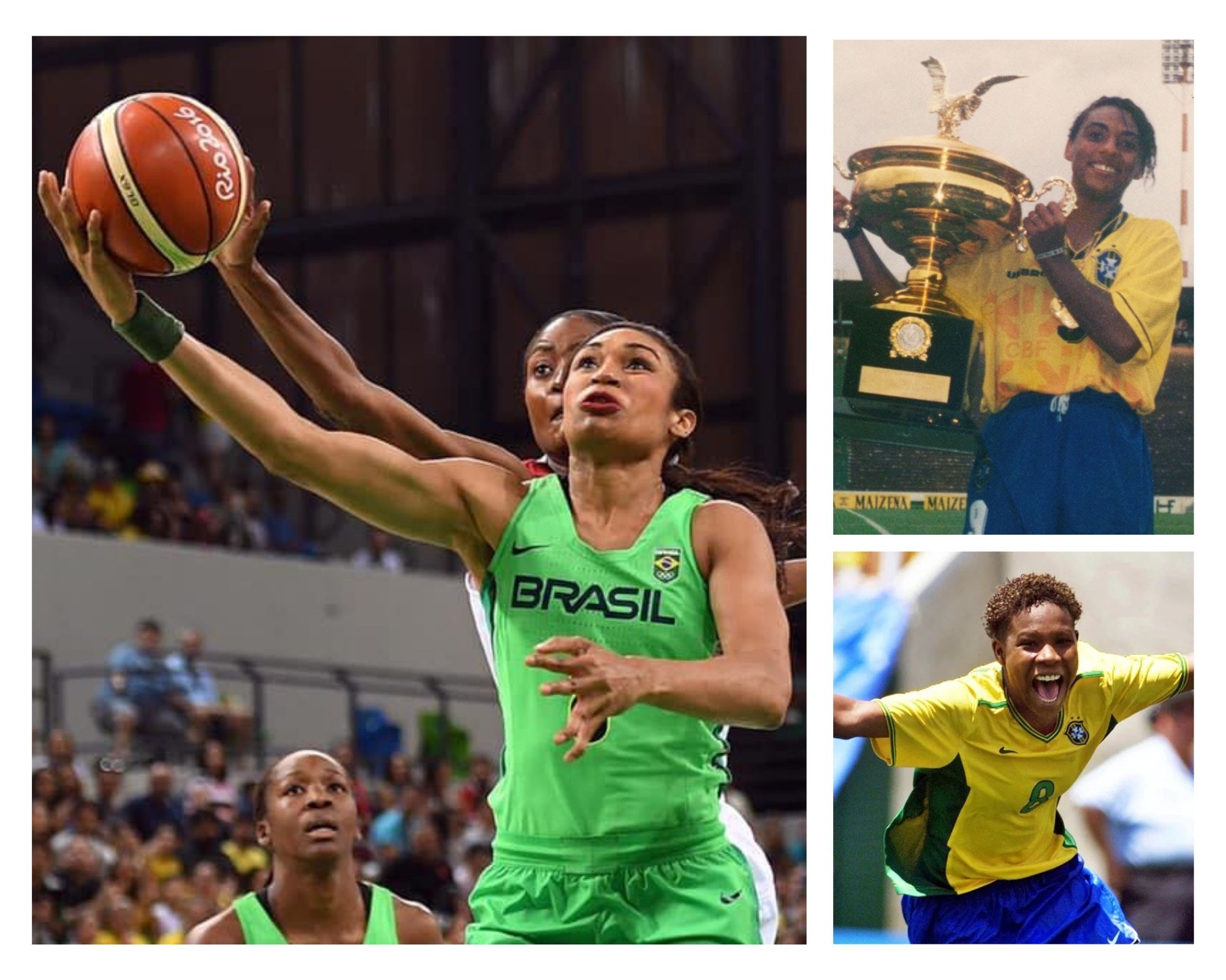 Colagem de 3 fotos com Iziane Marques, Formiga e Michael Jackson