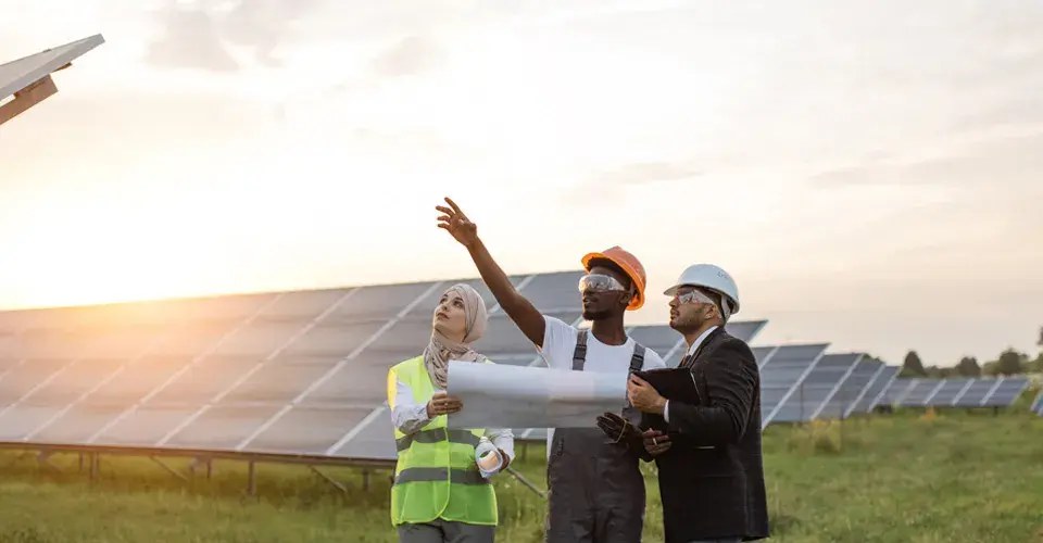 Engenheiros em um campo de paineis solares, segurando uma folha de planos e gesticulando de forma a sugerir a tomada de decisões