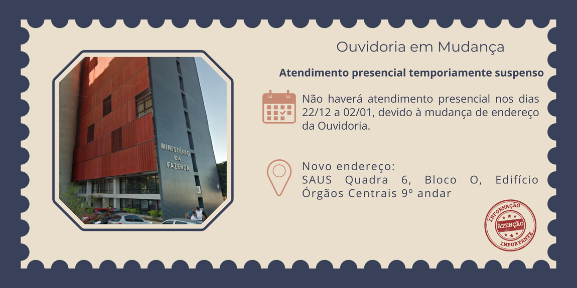 Novo endereço da Ouvidoria do Ministério da Fazenda