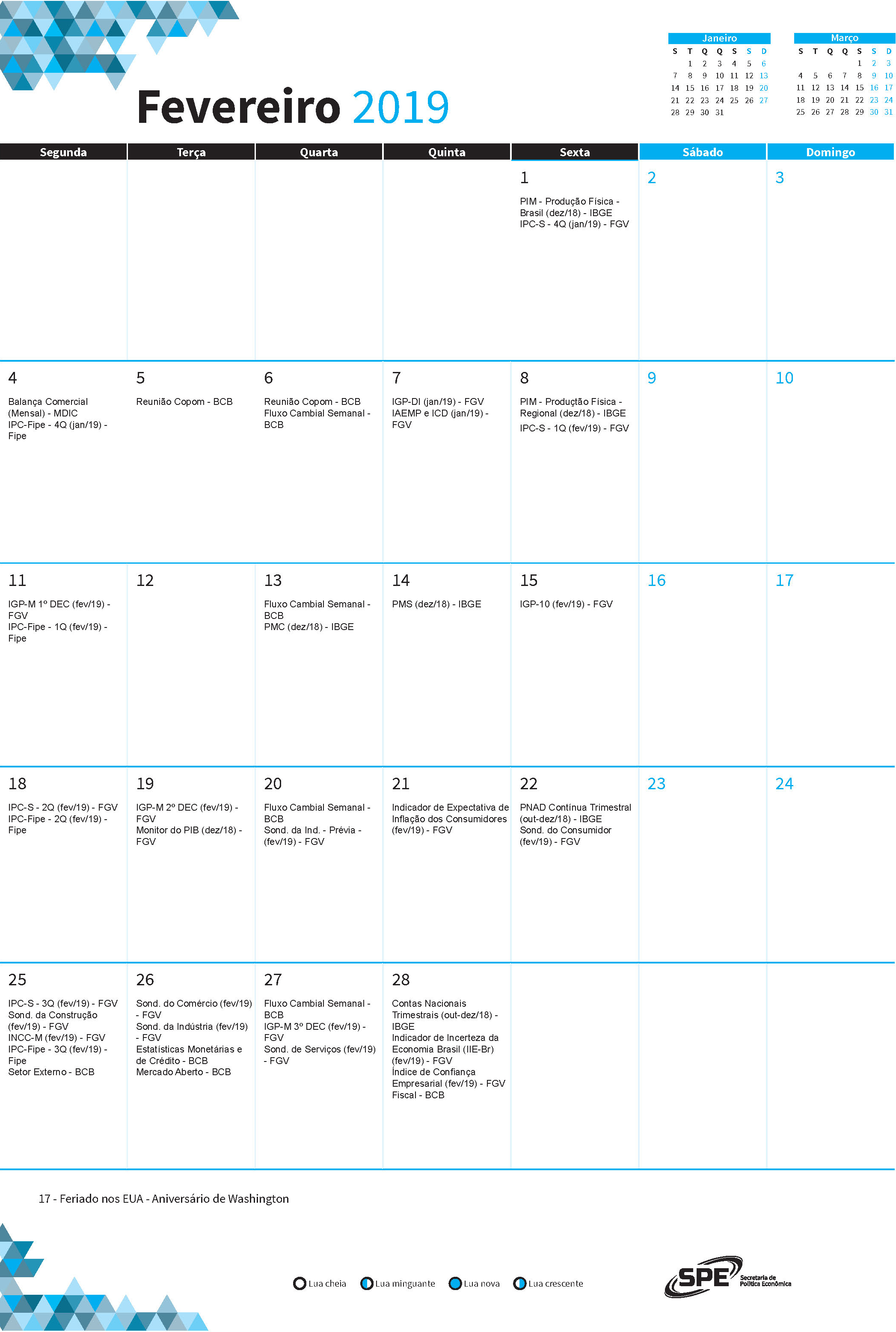 Calendario de  fevereiro 2019