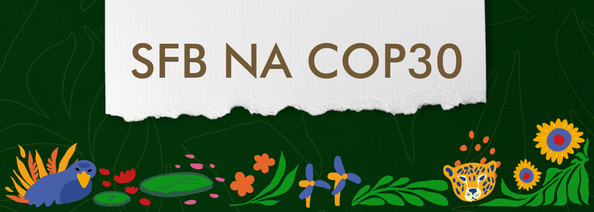 Banner horizontal de fundo verde com folhagens, apresentando a frase "SFB NA COP30" em marrom sobre papel rasgado e uma borda decorativa colorida com ilustrações de pássaro, onça-pintada e girassóis.