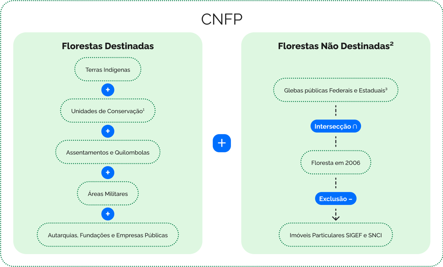 Diagrama CNFP: florestas destinadas e não destinadas com categorias e filtros.