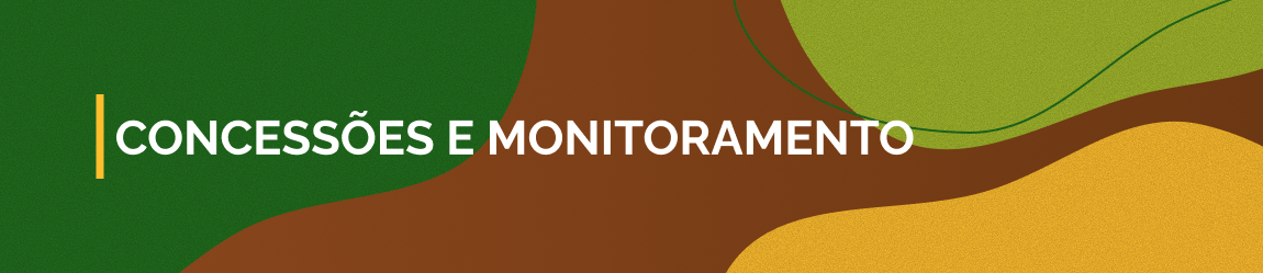 Banner com formas abstratas em verde, amarela e marrom, com o texto Concessões e Monitoramento.