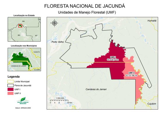 Mapa com a delimitação territorial das áreas de manejo, da Floresta Nacional de Jacundá, Rondônia.